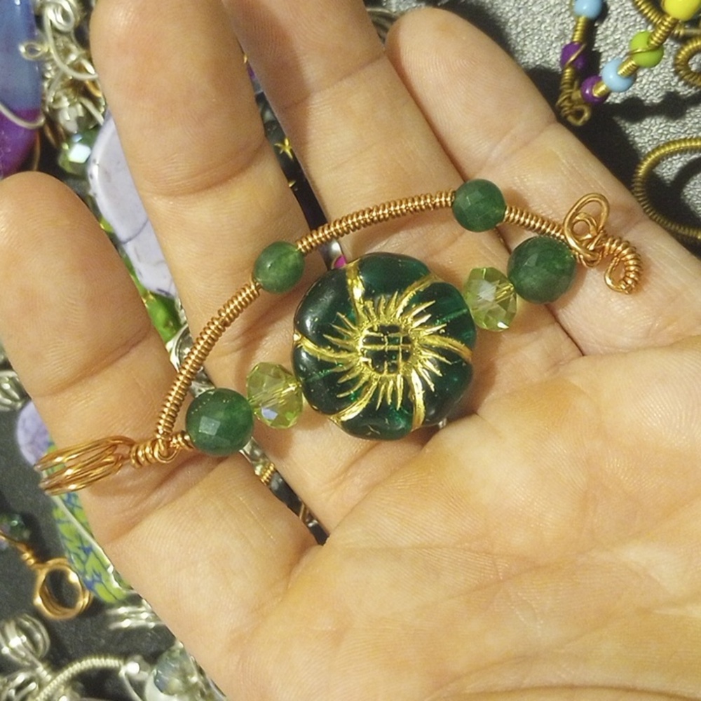 Handmade floral copper wire pendant, teal/green
